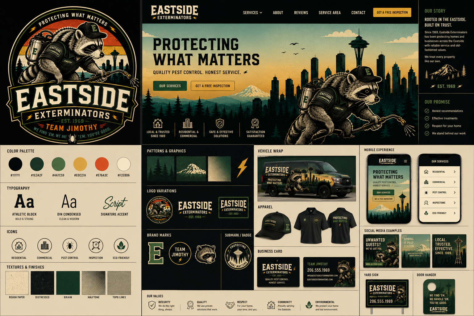 Eastside Exterminators brand reference board — palette, typography, icons, textures, logo variations, vehicle wrap, apparel, business card, mobile experience, social examples, yard sign, and door hanger
